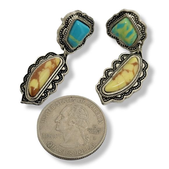 Silver-Tone Southwest Design Simulated Gemstone Drop Dangle Pierced Earrings - Picture 5 of 6